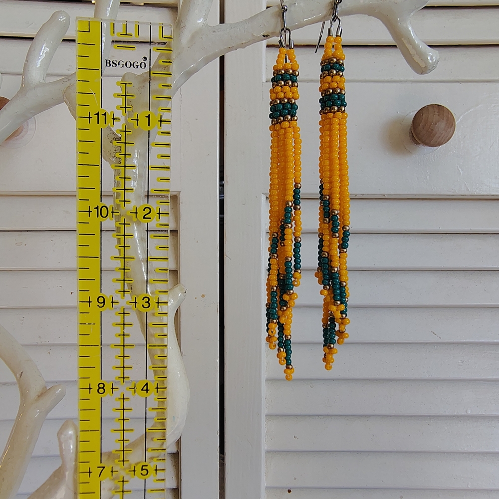 Handmade Gold & Emerald Green Beaded Fringe Earrings – Stainless Steel Hooks OS - Picture 3 of 3